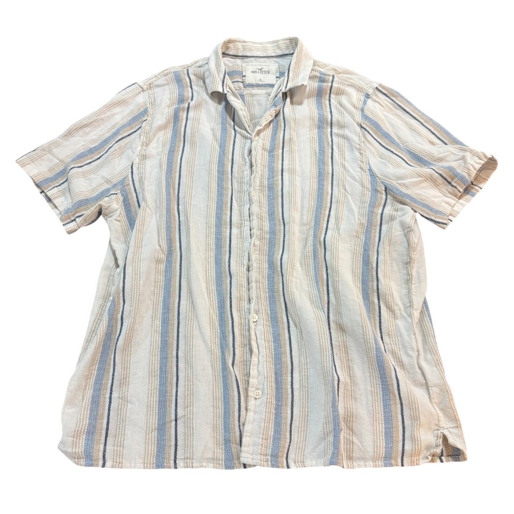 HOLLISTER Mens XL Striped Short Sleeve Button Up Shirt Blue Cream Textured